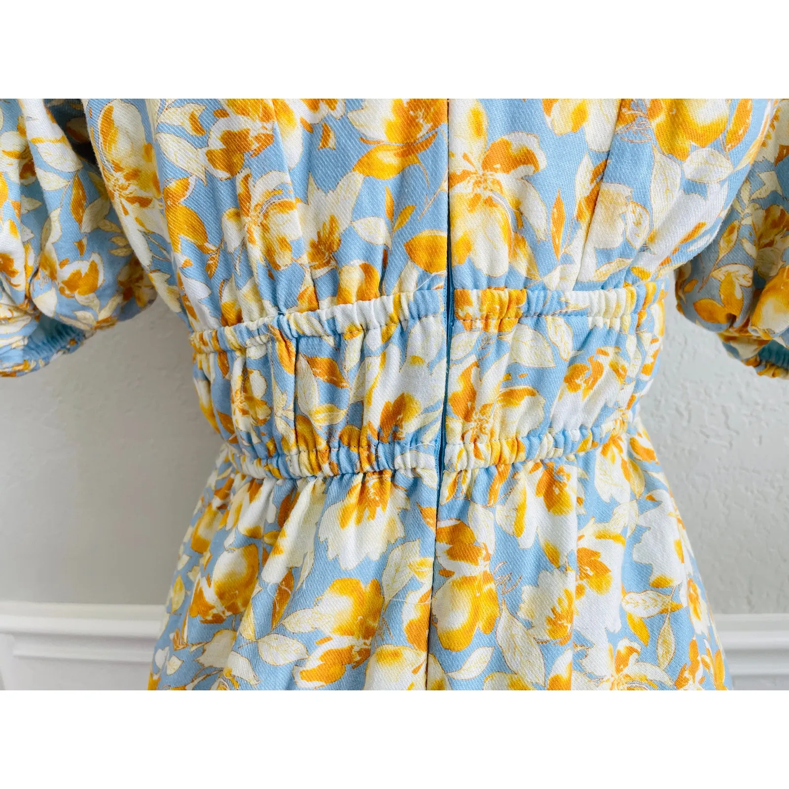 Hyacinth House Pauline Floral Puff Sleeve Midi Dress – Blue & Orange – XS - Image 7