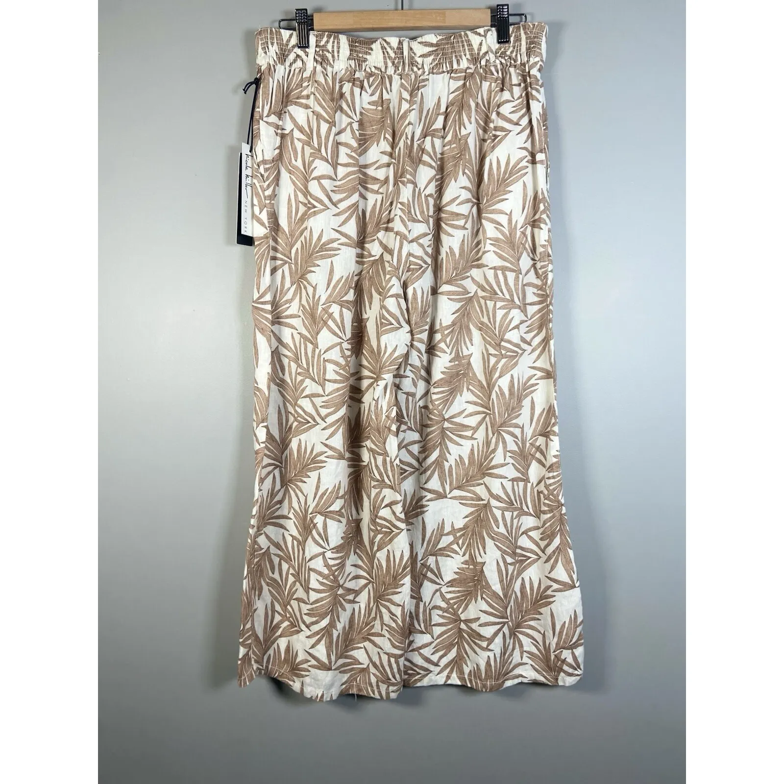 Nicole Miller Tropical Leaf Linen Cream Wide‎ Leg Pants Womens XL Lagenlook - Image 8