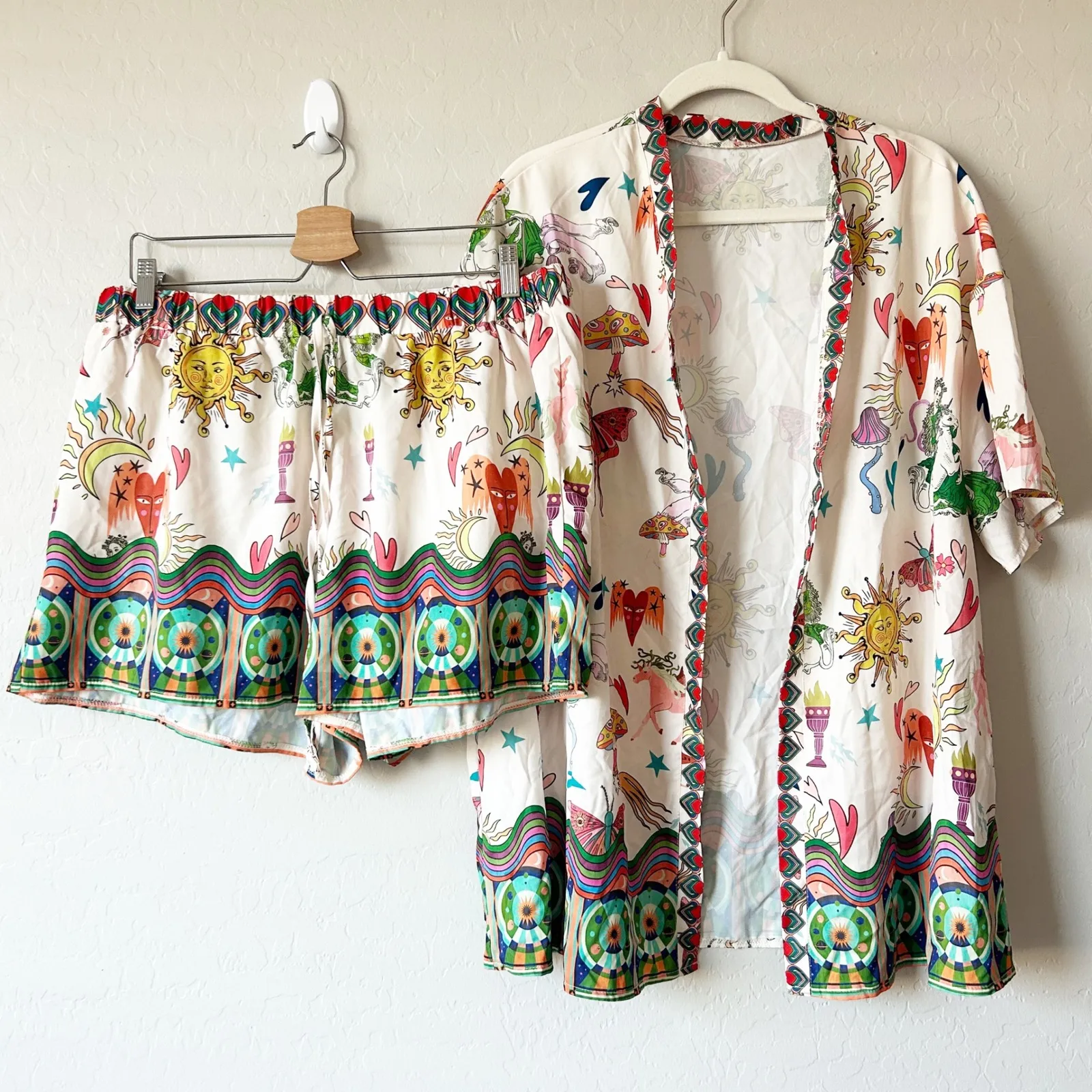 SHEIN CURVE Womens 2XL Funky Boho Sun Mushroom Butterfly Print Kimono Shorts Set - Image 2