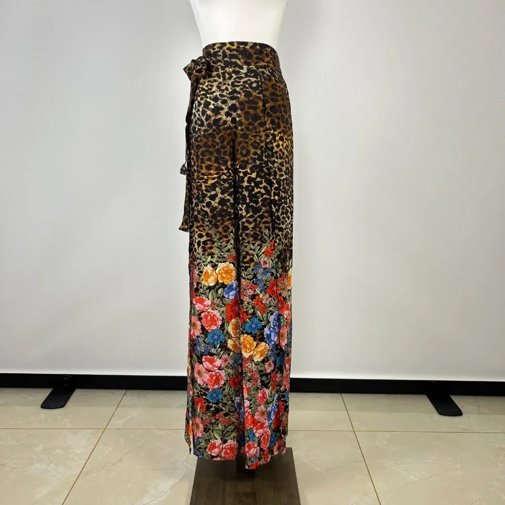 NWOT Johnny Was Cheetah & Floral-Print Wrap Pants Pull On Size L Wide-Leg - Image 3