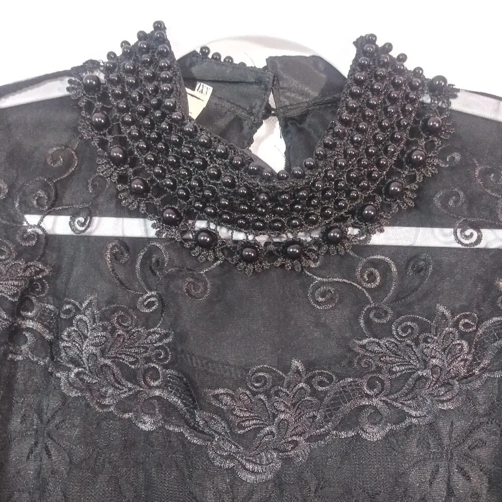 WH Dress Women's Floral Lace Blouse Overlay Beaded Neck Long Sleeve Top Size M Black Size M - Image 3