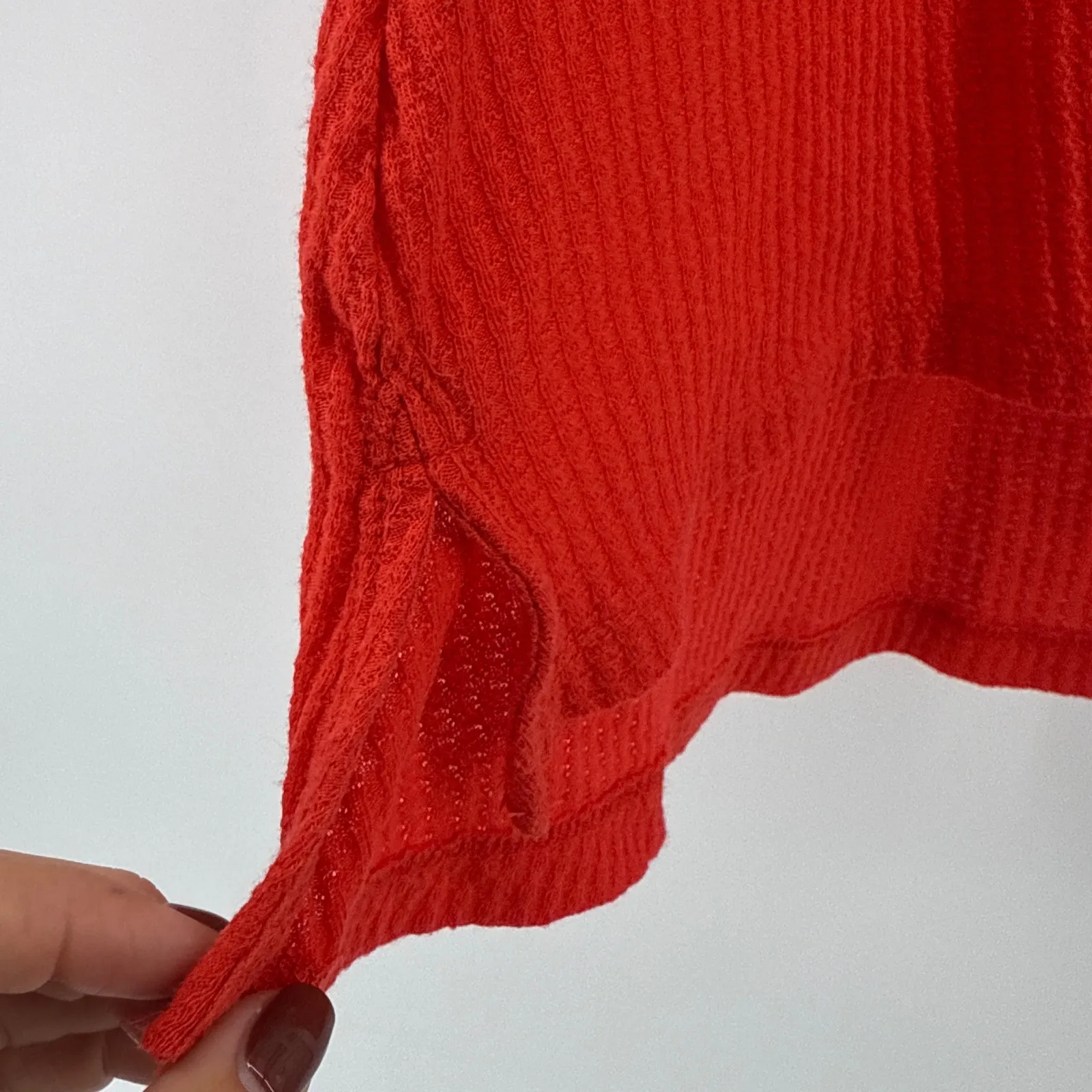 Free People Parisian Nights Red Lace Trim Ribbed Bell Sleeve V Neck Top Small - Image 5