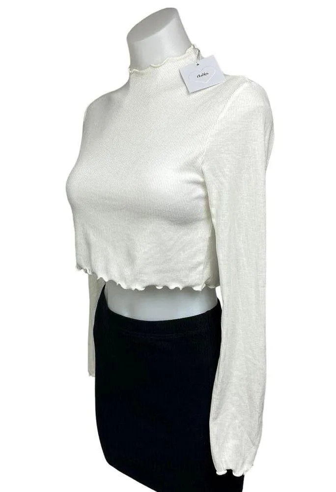 Adika NWT White Ribbed Knit High Neck Long Sleeve Pullover Crop Sweater Top XS - Image 2