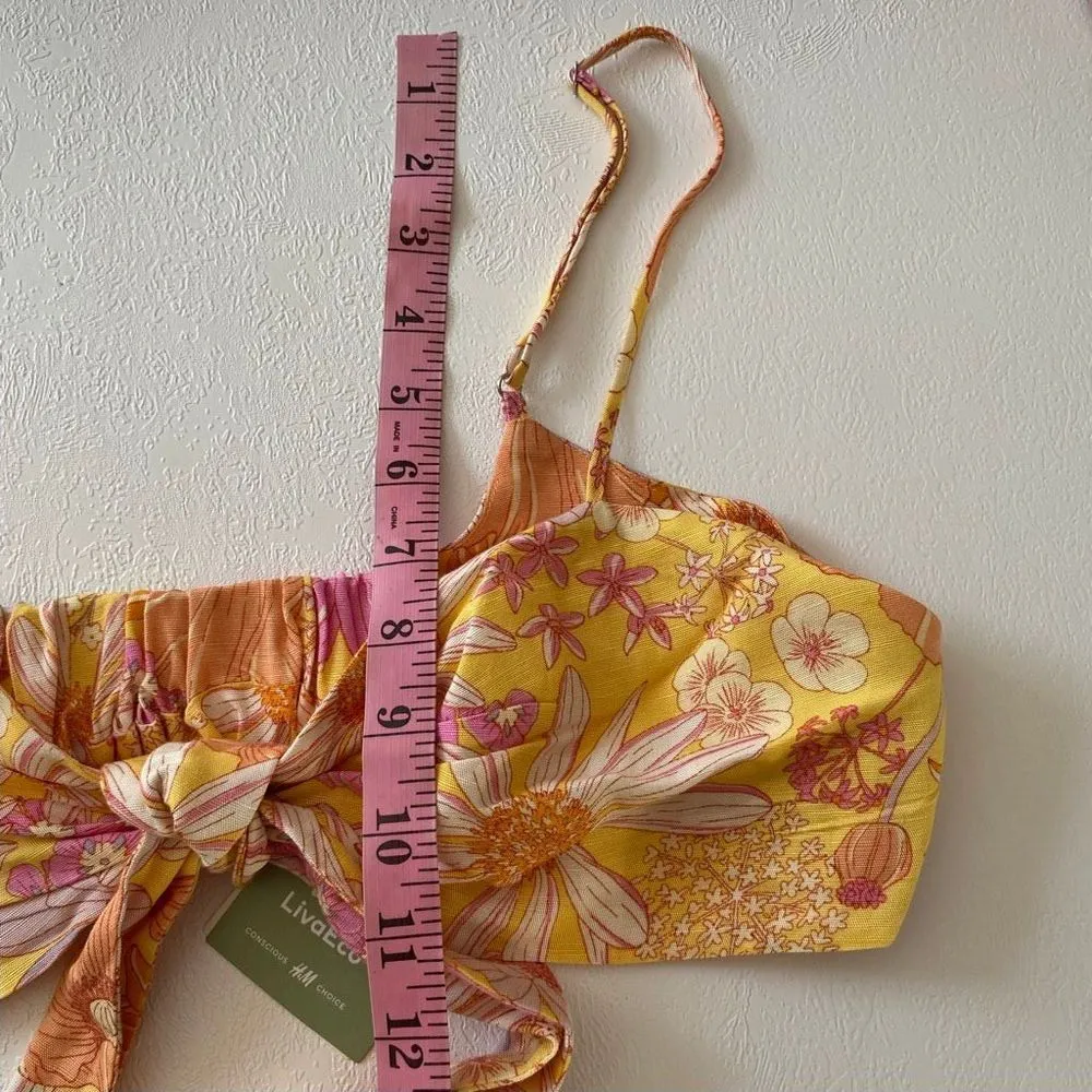 H&M Floral Linen Blend Tie Front Crop Top M Retro Y2K Daisy Print Summer Blouse - Image 4