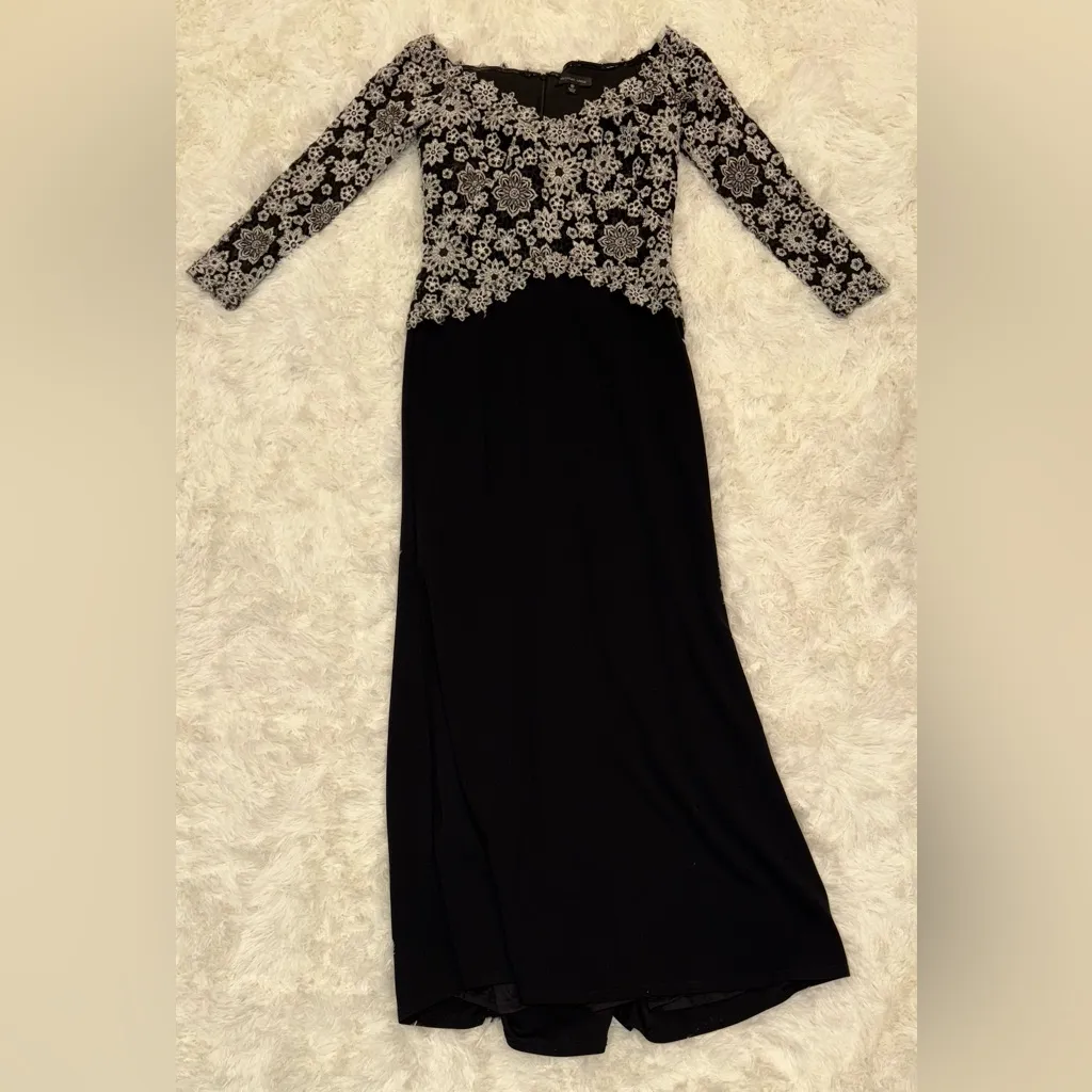 Tadashi Shoji Black Ivory Embroidered Off the Shoulder Gown Sz 10 - Image 5