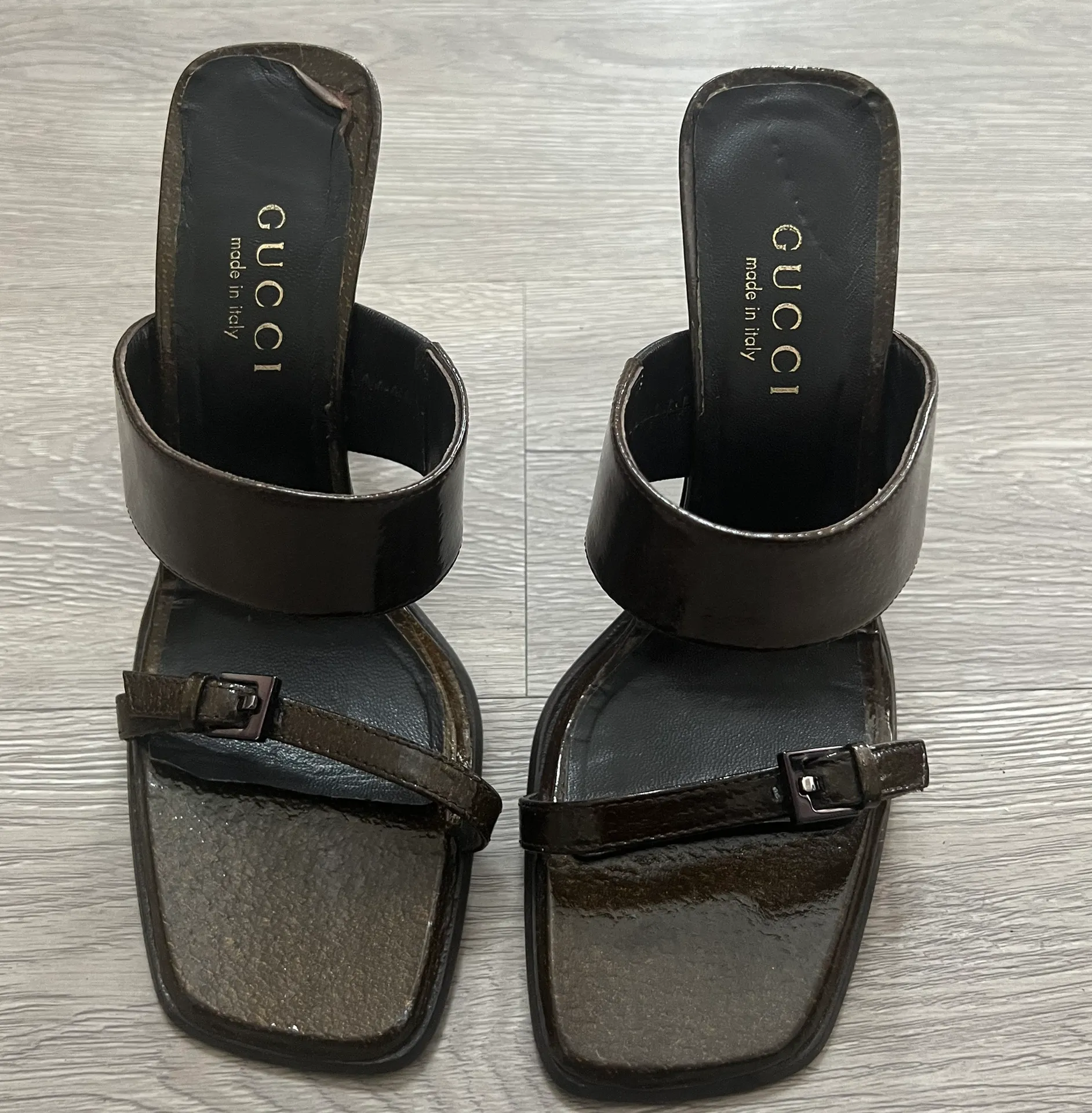 Vintage 90s Double Strap Brown Leather Block Heel Mule Sandals - Image 3