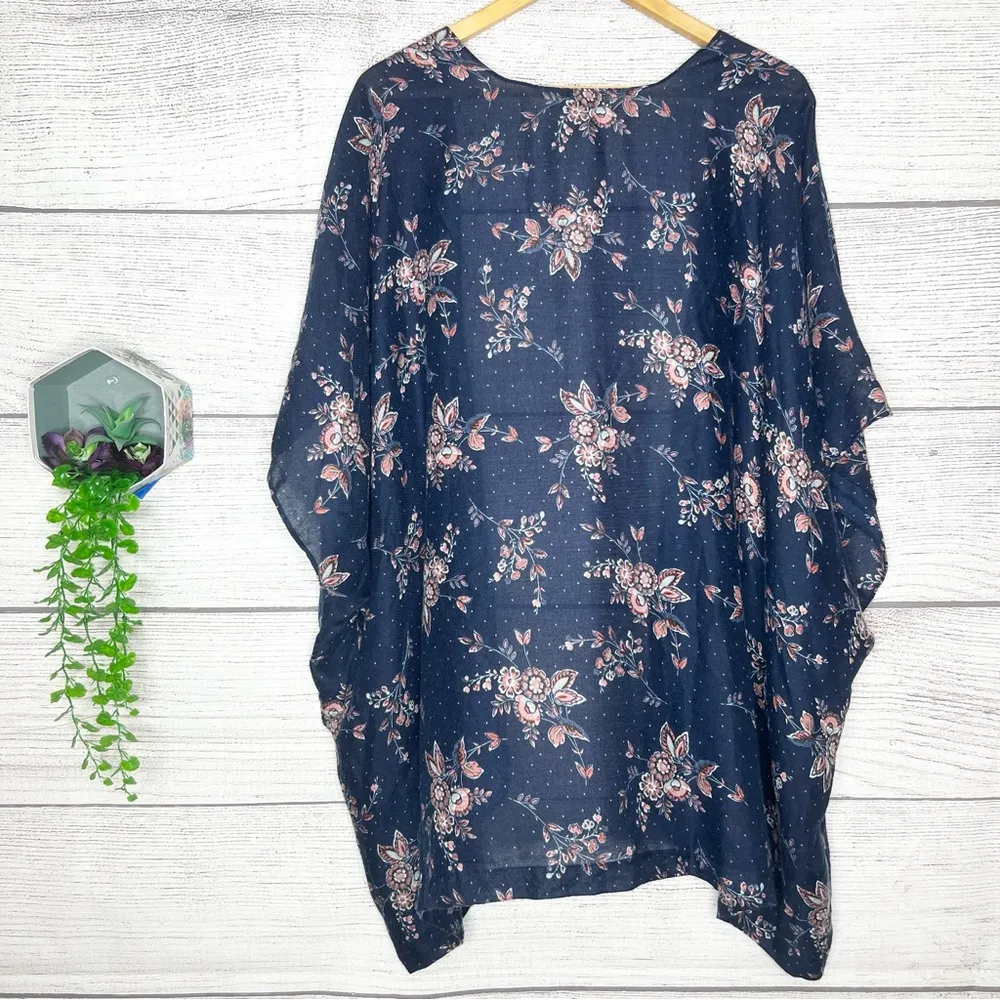 LOFT Navy Blue & Pink Floral Kimono Cardigan Top One Size - Image 9