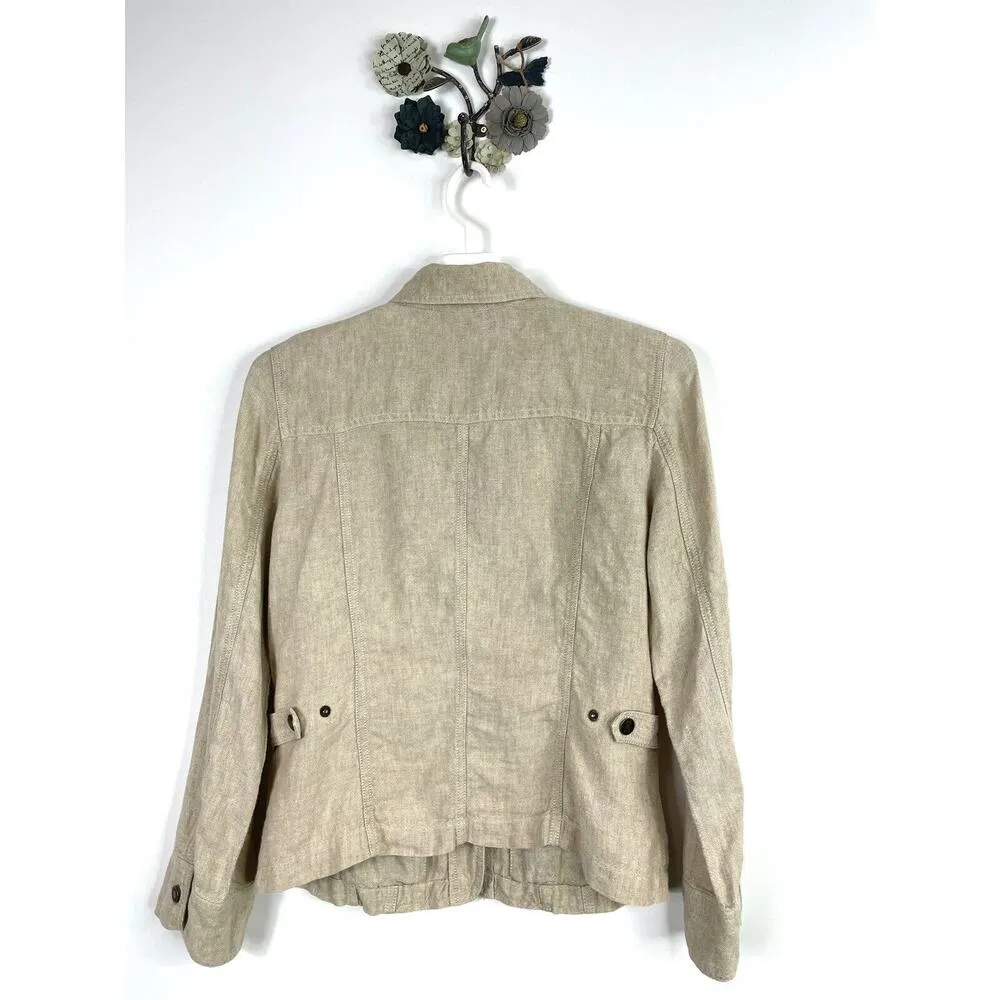 J Jill Beige Tan Linen Canvas Jacket Blazer Pockets Button Front Casual Medium - Image 4