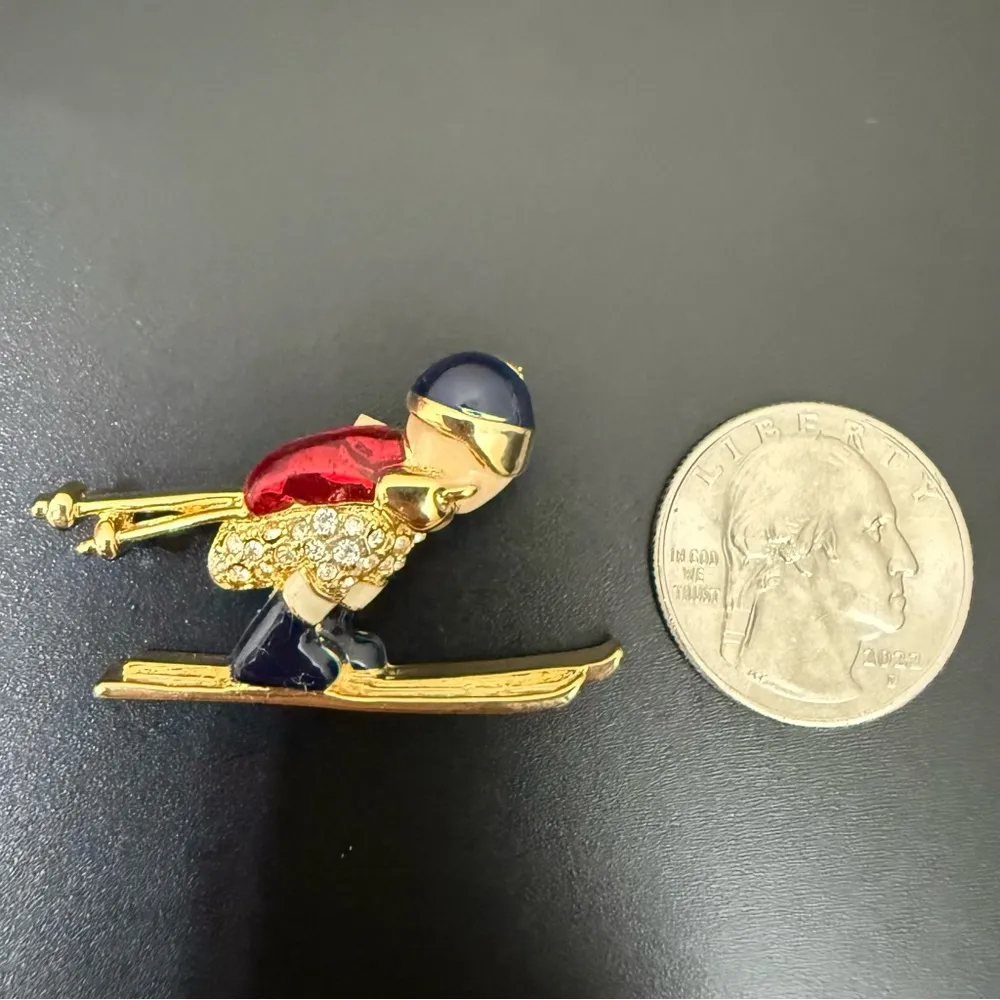 Vintage Regency Accessories Enameled Rhinestone Skier Gold Tone Brooch Pin 13g. - Image 5