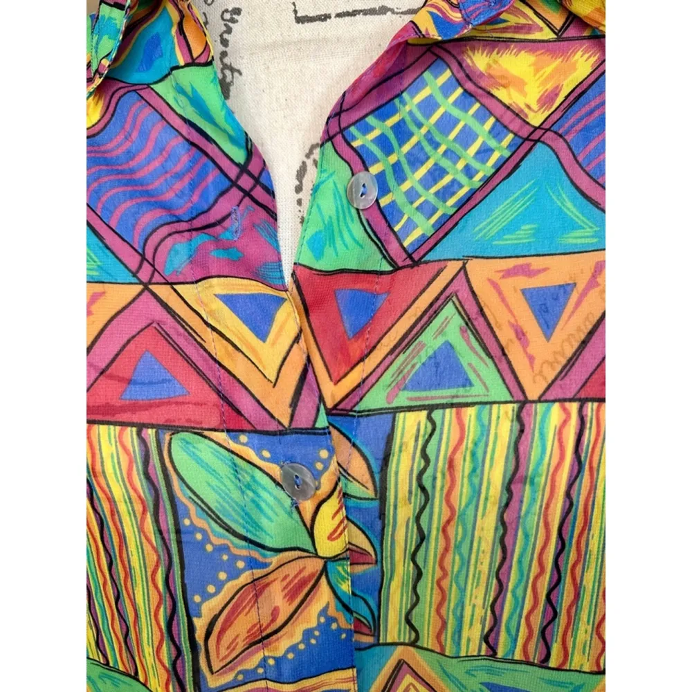 Vintage Coconut Row Palm Beach Large 80’s Pattern Sheer Silk ButtonUp Longsleeve Green - Image 3