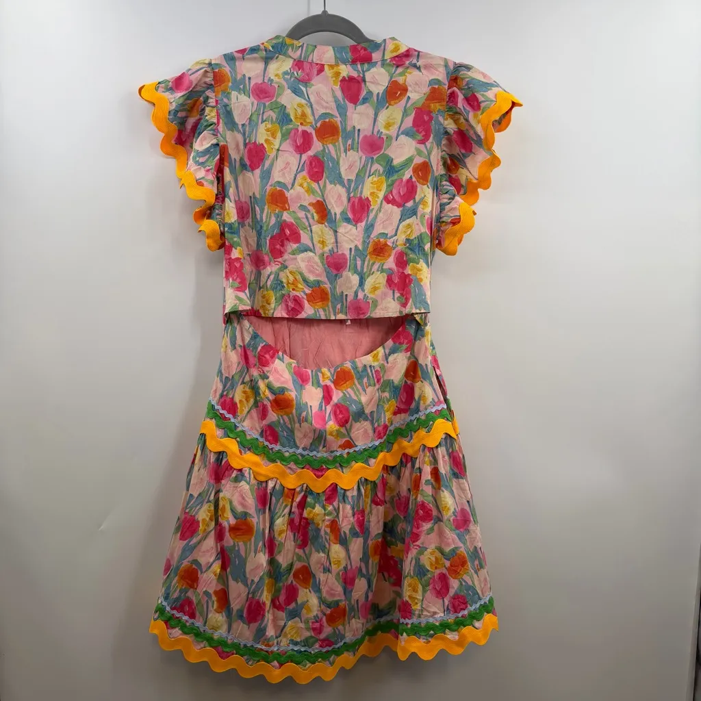 Entro dress rickrack detailing floral print colorful ric rac tulips lined L NWT - Image 5