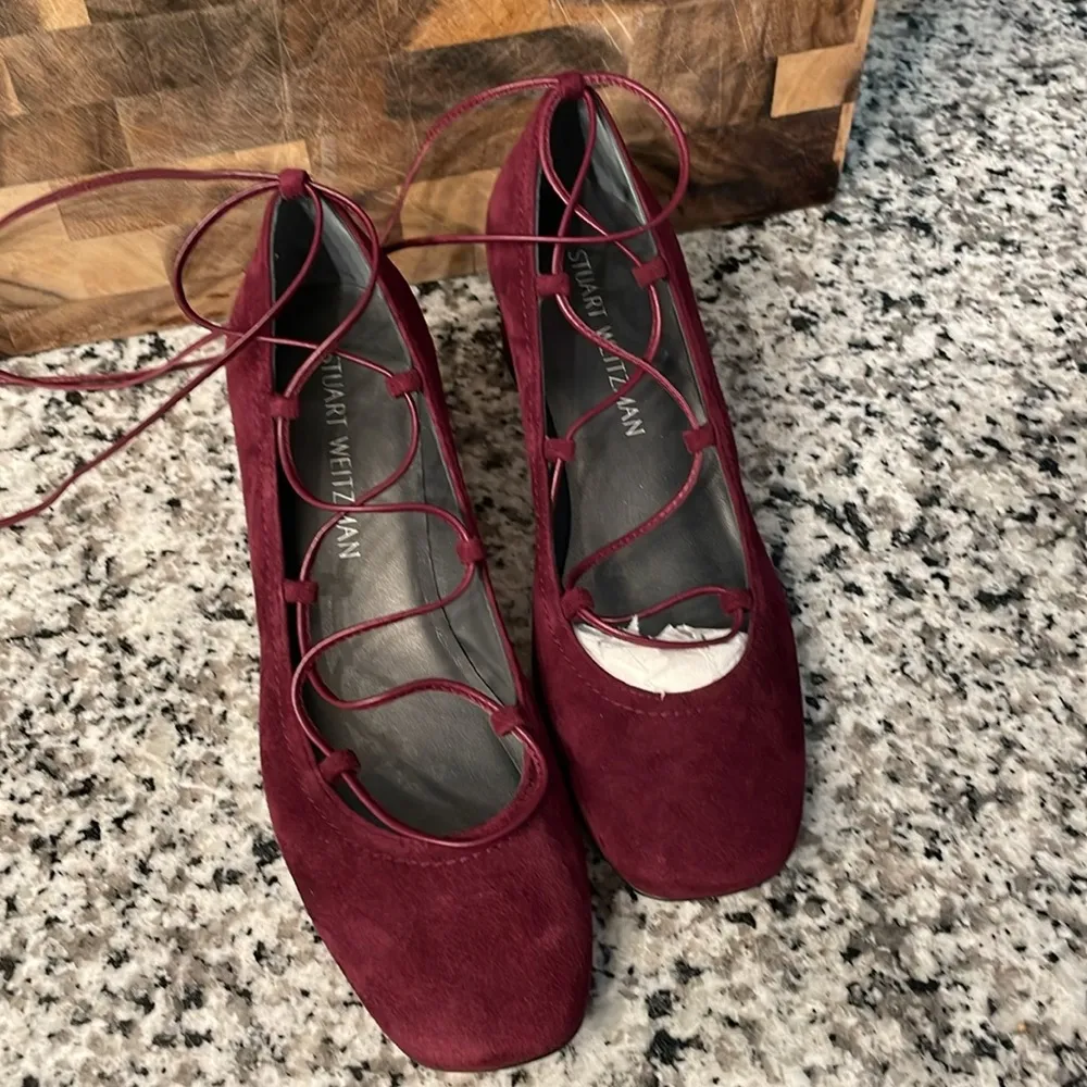 Stuart Weitzman Wine Burgundy Cordon Ballerina Lace Up Suede Pumps Size 7 1/2 - Image 4