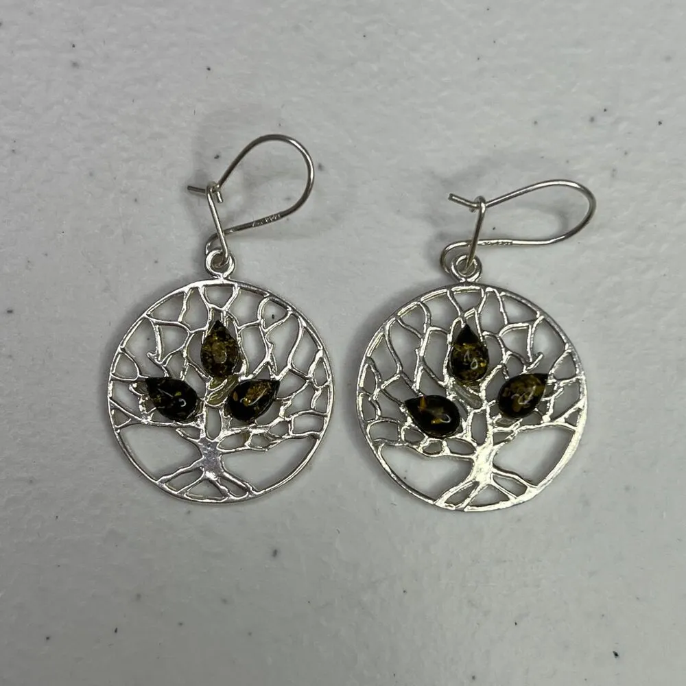 Tree Of Life Sterling Silver & Green Baltic Amber Drop Earrings - Image 10
