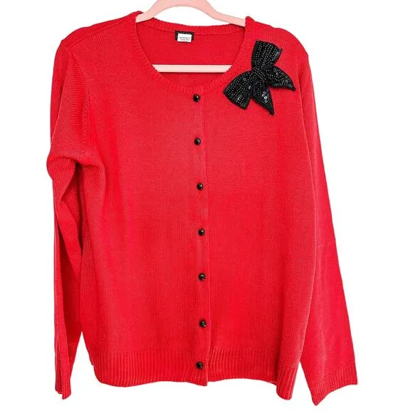 Salon Studio Vintage 90's Christmas Sweater Embellished with Beaded Bow Red Size L - Image 1