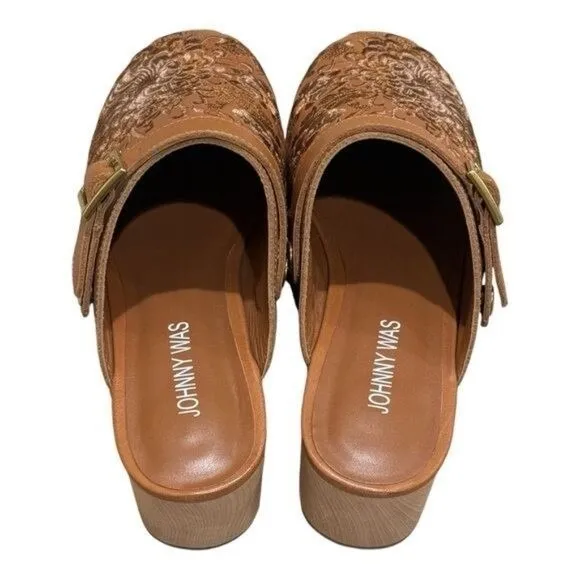 Johnny Was Mono Clog Tonal Slippers Brown Leather Floral Embroidered Garden 7.5 - Image 6