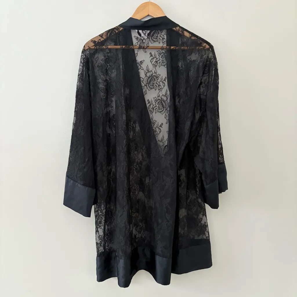 Victoria’s Secret Black Lace Kimono Robe Sheer Floral Size M/L - Image 3