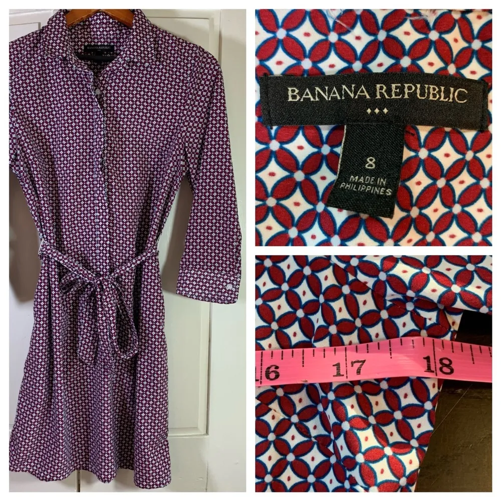 Banana Republic Shirt Dress Sz 8 Geo Print Belted Button Front 3/4 Sleeve Career - Image 12
