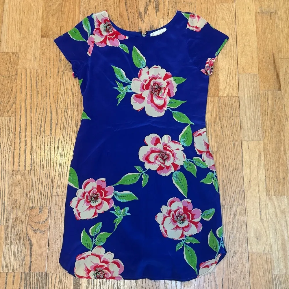 YUMI KIM Elana Blue Floral Silk Dress Mini Short Sleeve 100% SILK size Small - Image 2