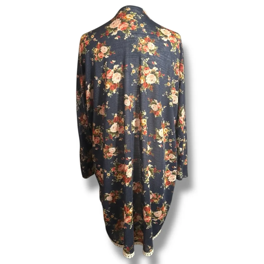 Anthropologie MAUVE Women’s Multicolor Floral Crochet Hem Kimono Cardigan Size L - Image 4