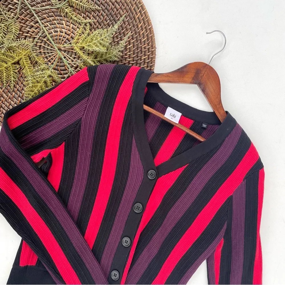 CABi Womens Sweater Black Stripe Royal Pullover Multicolor V-neck Size Medium - Image 2