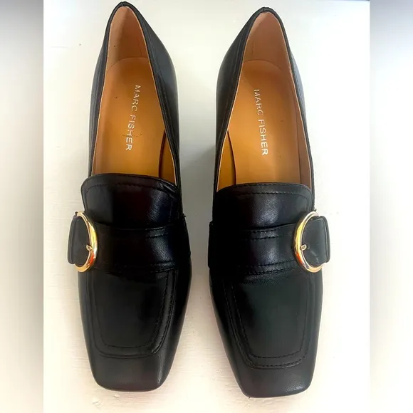 Marc Fisher Oralin Black Leather Buckle Loafer Pump Heels Sz 6 - Image 2