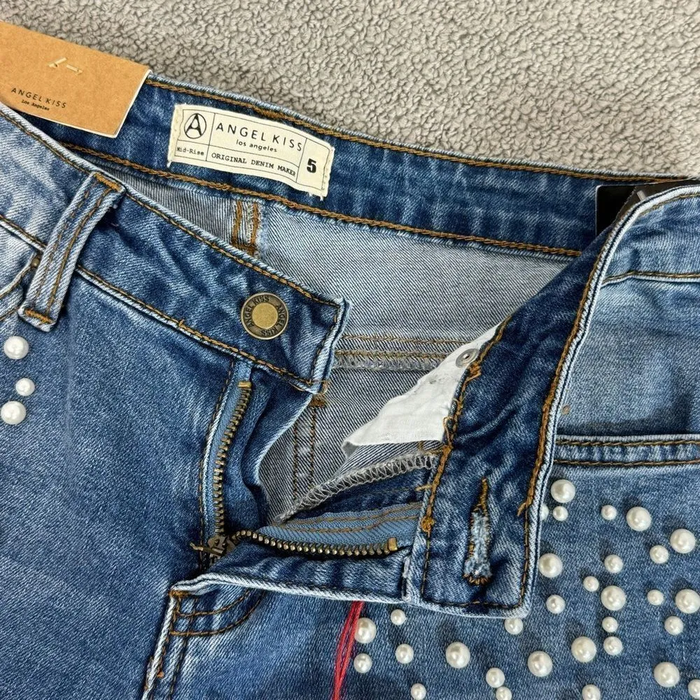 Angel Kiss Pearl Detail Destructed Rolled Cuff Skinny Jeans Blue Juniors 5 - Image 7