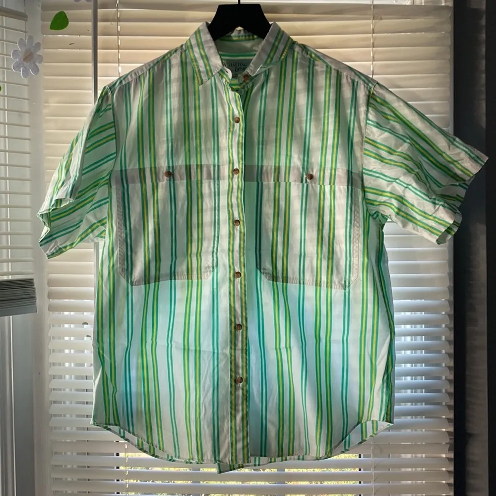 Vintage Hasting & Smith yellow green striped button down camp shirt, size 8 - Image 6