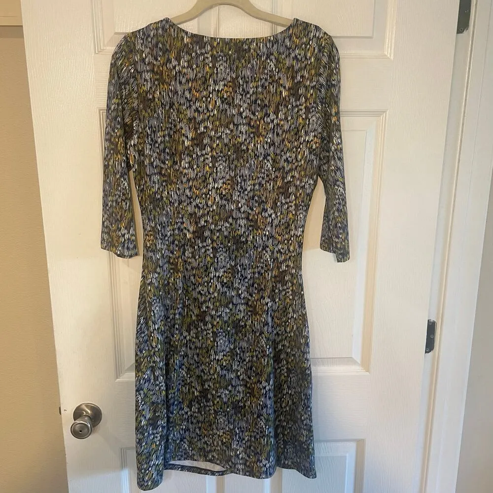 J. McLaughlin Navy Blue, Yellow & White Print Catalina Cloth Ruched Dress Sz Lg - Image 8