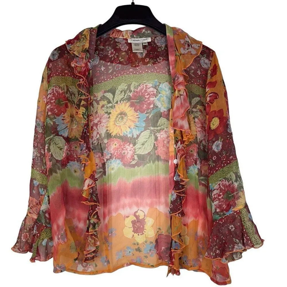 Coldwater Creek Womens Floral Silk Button Ruffled Blouse Size Small Office - Image 2