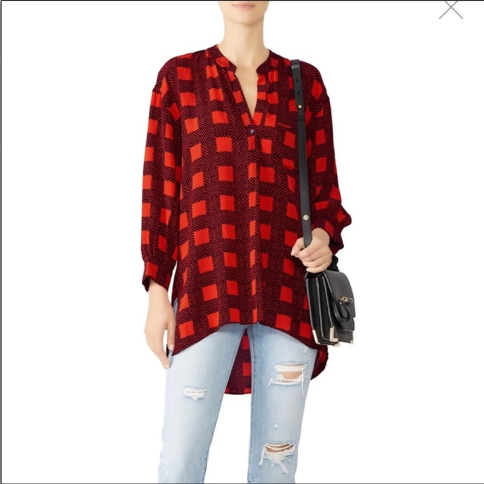 Joie Nias Desert Rose red black plaid tunic blouse - Image 9
