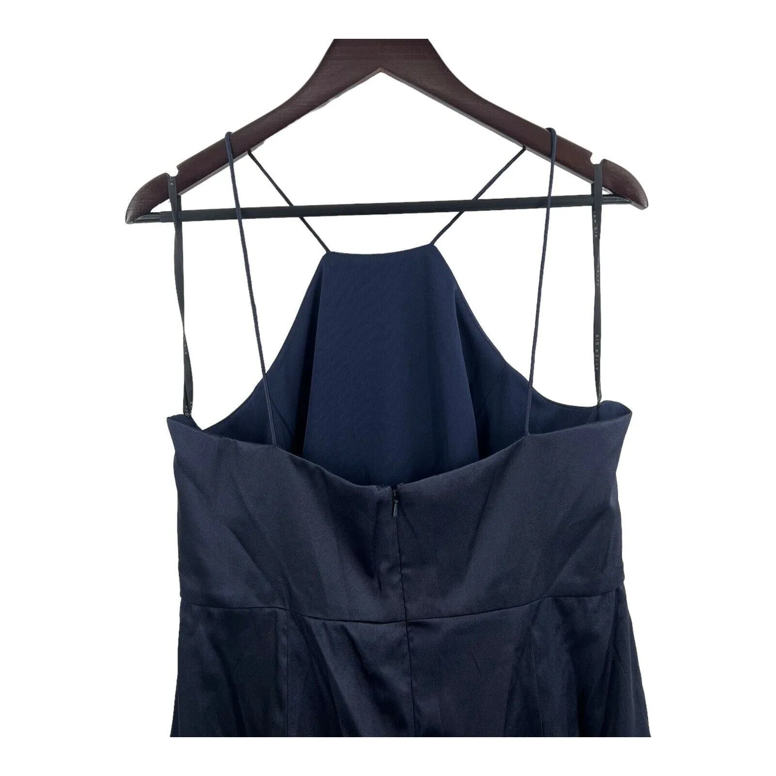 After Six Halter‎ Midi Dress With Draped Tulip Skirt Navy 16 New - Image 6