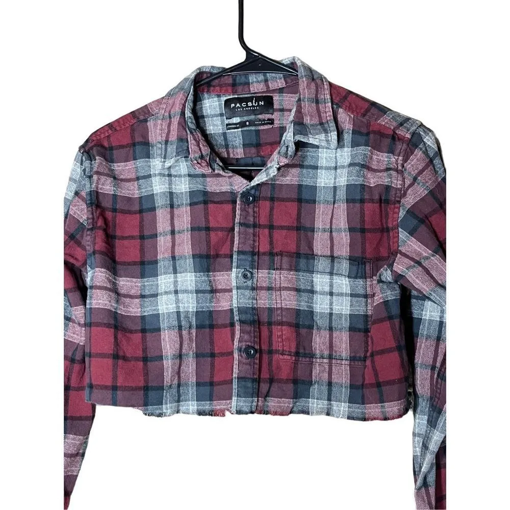 Pacsun Plaid Button Down Crop Long Skeeve Top Size‎ Small - Image 2