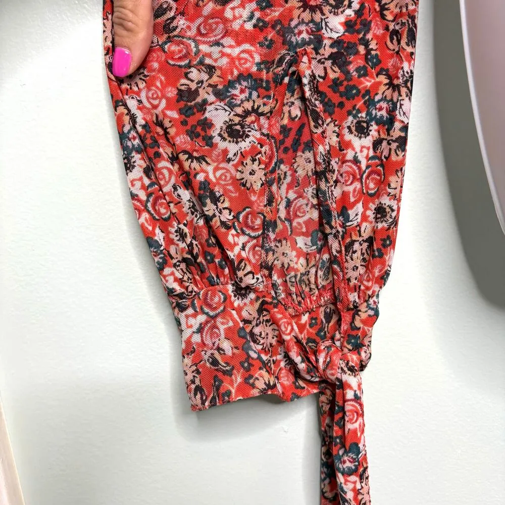 Free People All Dolled Up Floral Mesh Long Sleeve Tie Cuff Top Red L - Image 4