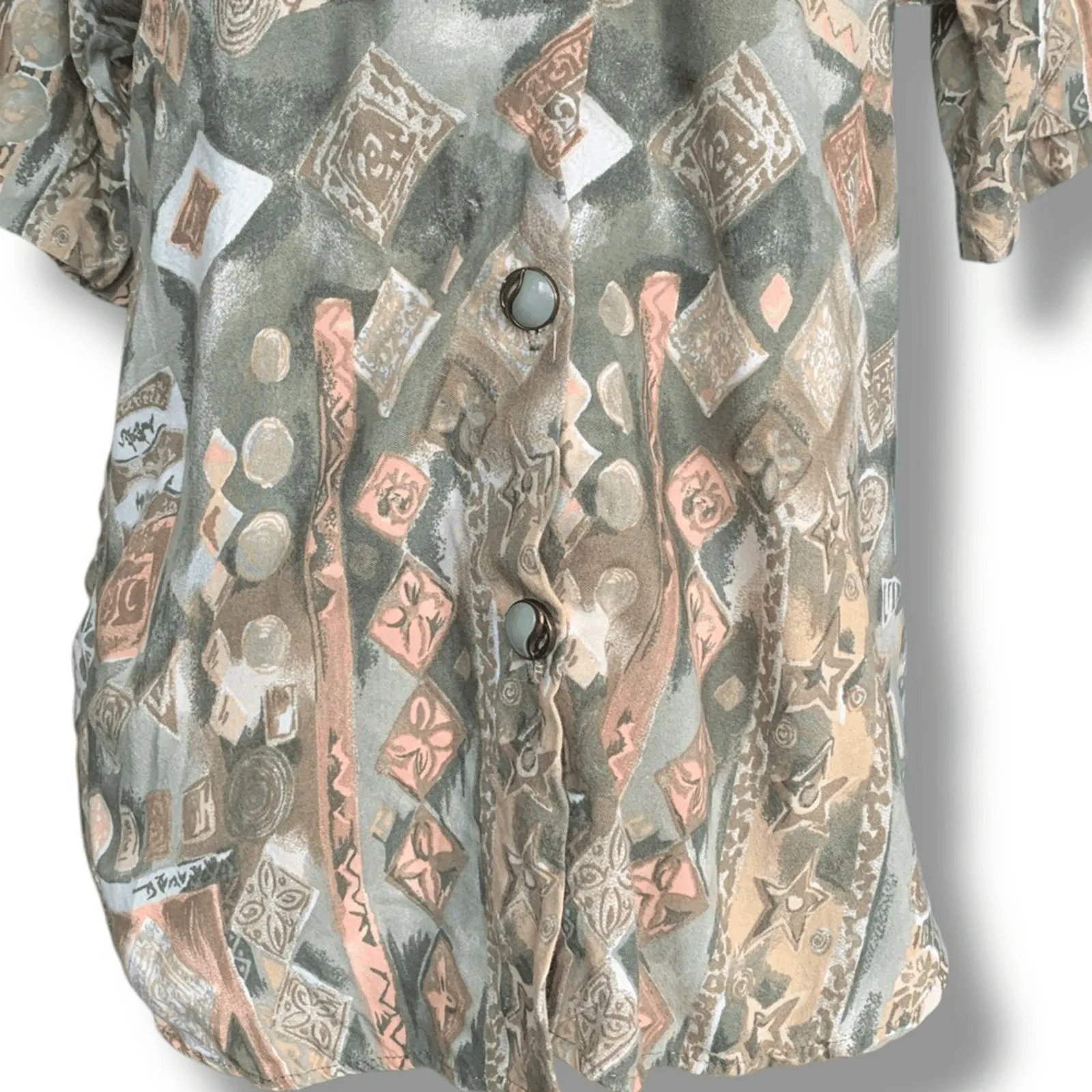 Vintage Top Abstract Print Button Up Earthy Pastel Cream Short Sleeve Medium Tan - Image 3