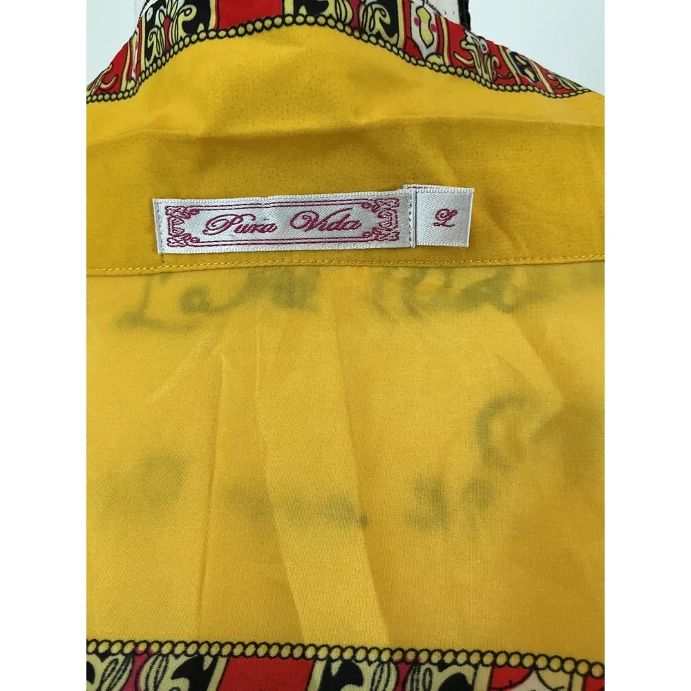 Pura Vida‎ Button-Up Top Short Sleeve Paisley Print Blouse Yellow Red L - Image 2