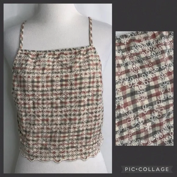 American Eagle Gray & Red Checkered Cropped Spaghetti Strap Tank Top L - Image 2