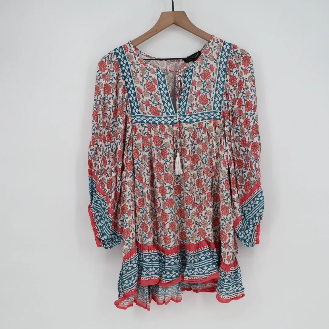 Rachel Zoe Boho Floral Tunic Dress Tassel Tie V Neck Viscose Size M - Image 2