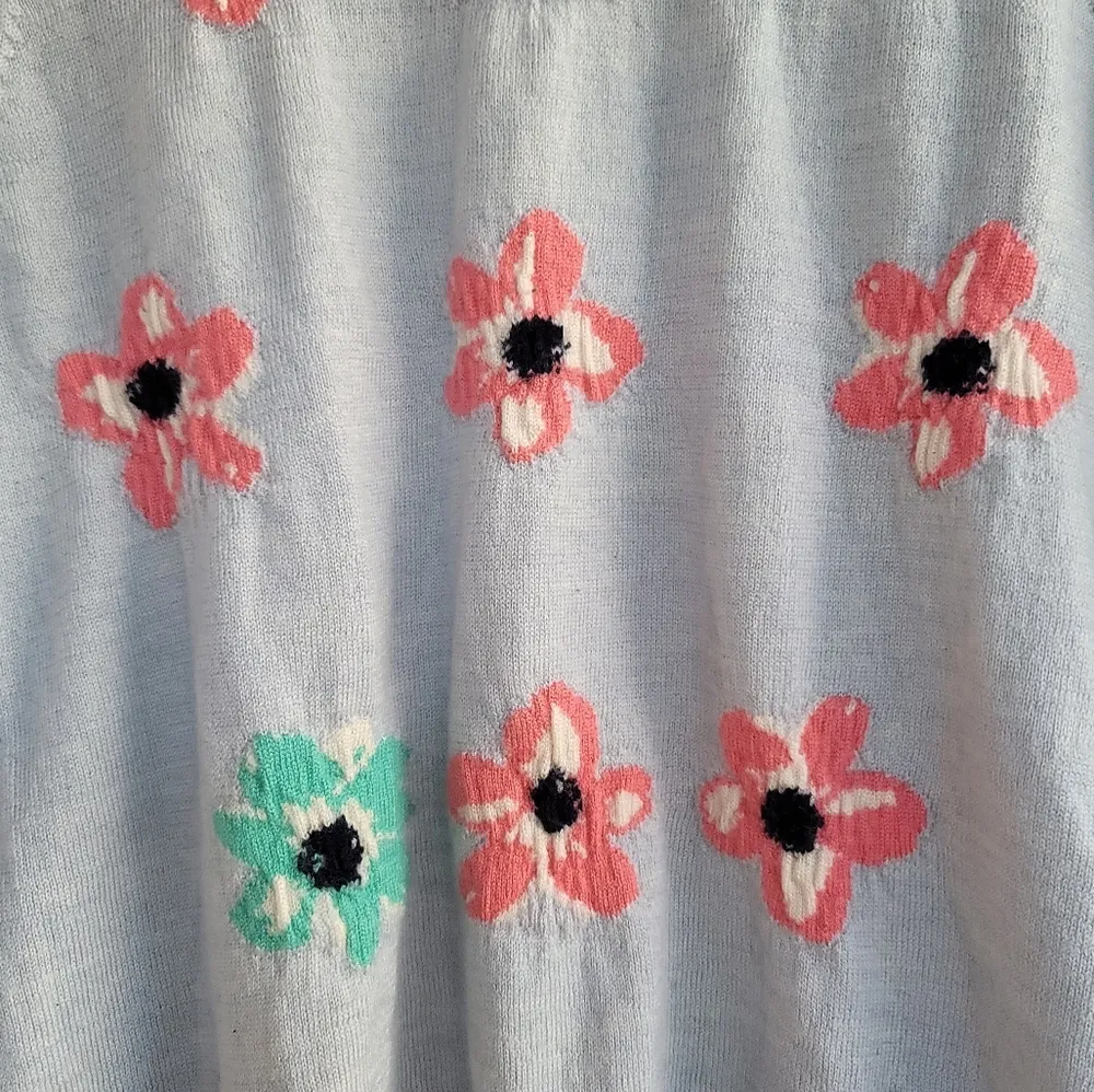 J.Crew Blue 100% Merino Wool 3/4 Sleeve Floral Crew Neck Sweater Top M - Image 6