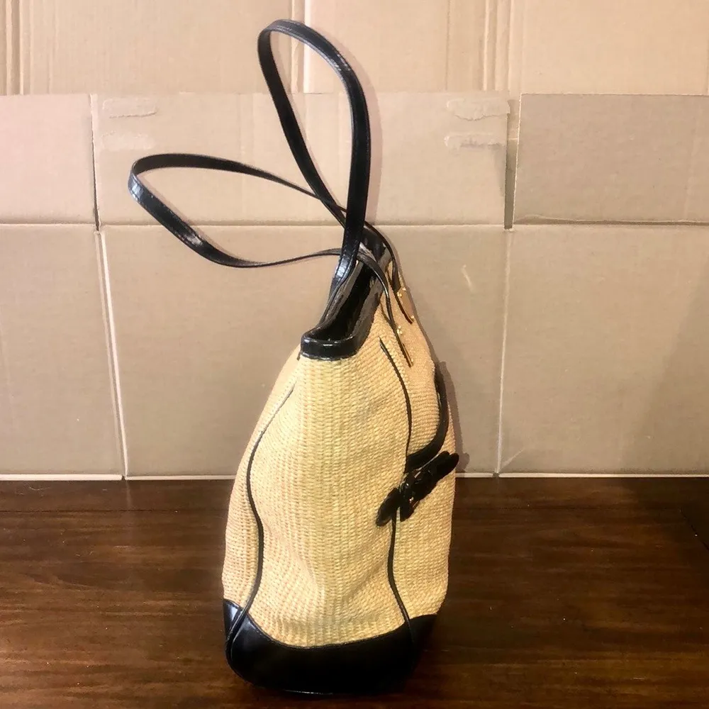 RALPH LAUREN Top Zipper Closure Black Handle Wicker Shoulder Bag with Storage - Image 6