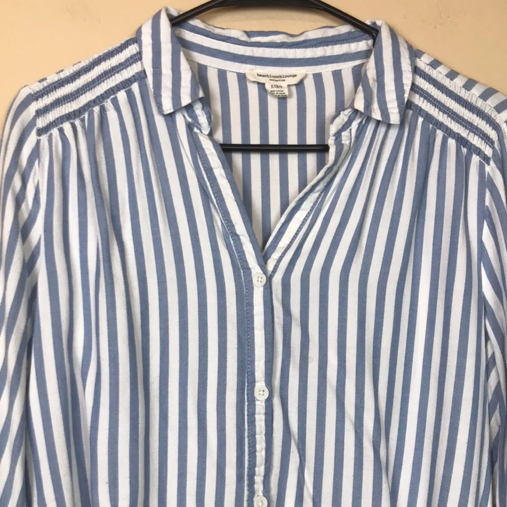 BeachLunchLounge Women’s Striped Split Neck Button-Up Tie 7/8 Sleeve Shirt - Image 2