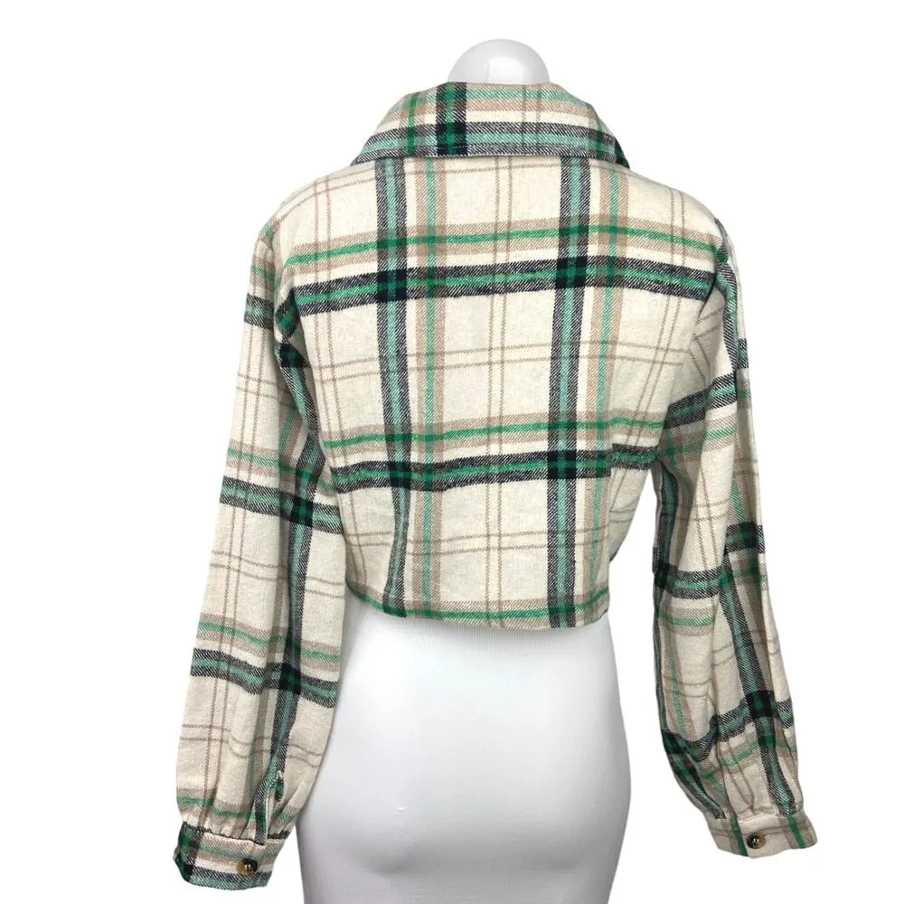Nasty Gal Multicolor Plaid Flannel Button Long Sleeve Cropped Shirt Jacket Top S - Image 3