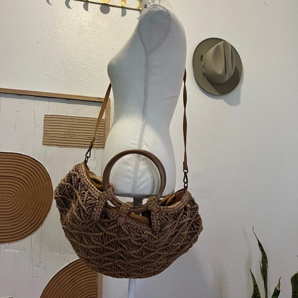 Free People Brown Point Break Macrame Multi-Way Wooden Handle Bag - Image 4