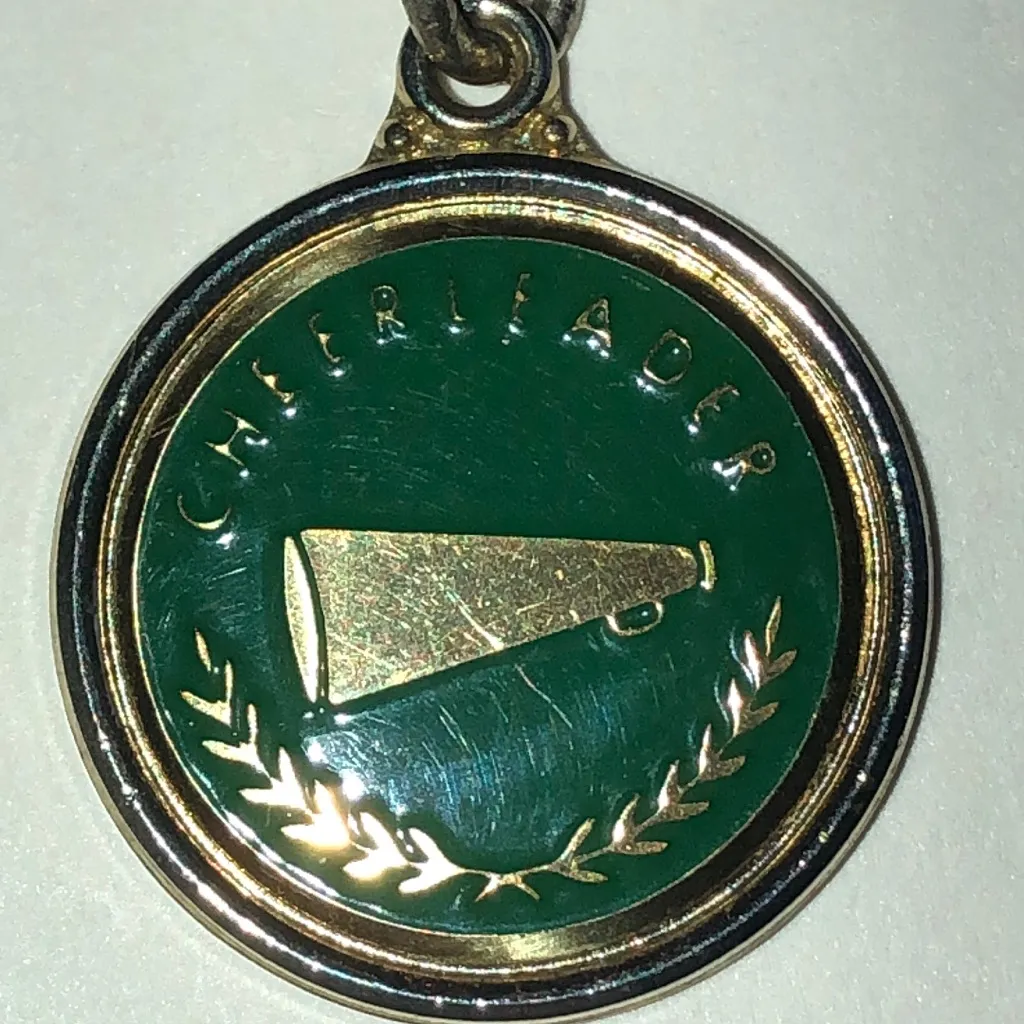 Green Enamel and Gold Tone Vintage Cheerleader Pendant Necklace - Image 2