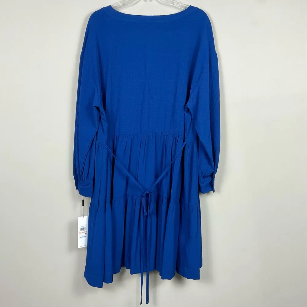 Calvin Klein Blue Tiered Dress Long Sleeve A-Line Peasant Tie Back Sz 14W NWT - Image 9