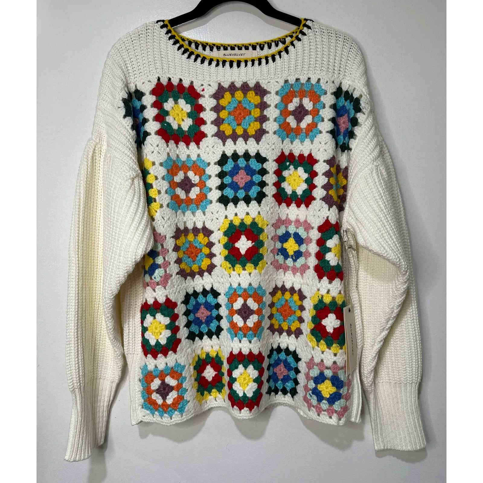 Blue Velvet Brianna Granny Square Knit Long Sleeve Sweater White Multi Small NWT - Image 2