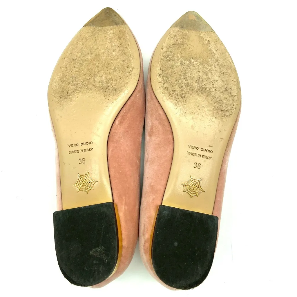 Charlotte Olympia Mid Century Kitty Cat Pink Velvet Pointed Flat EU 36 US 5.5-6 - Image 9