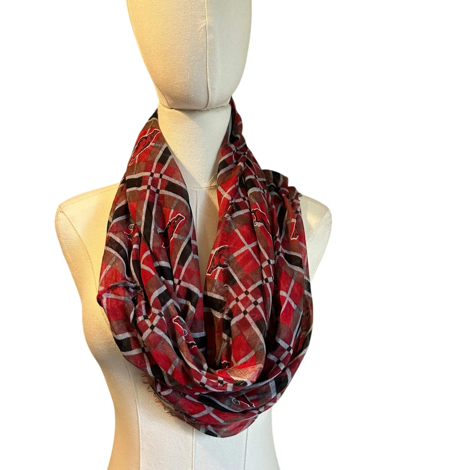 Arkansas Razorbacks College Football Scarf Infinity Plaid with Razorback Frayed Red - Image 3
