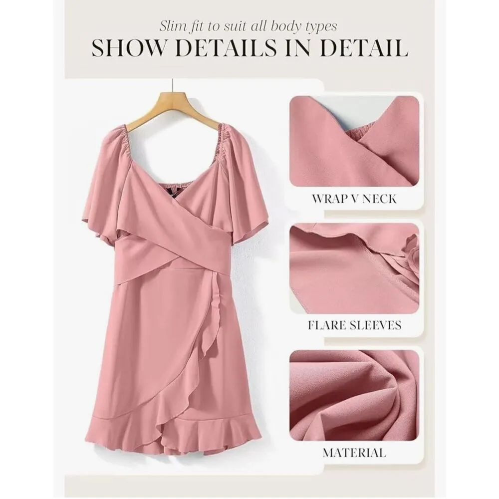 NEW V Neck Smocked Tiered Belted Ruffle Hem Mini Dress L Pink Size L - Image 6