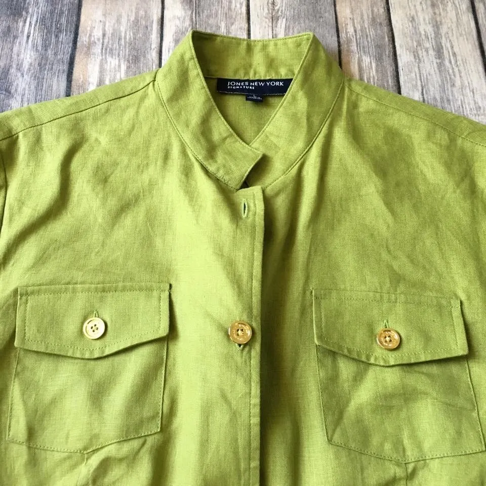 New Jones New York Linen Blazer Jacket Oxford Top Women L 12 14 Gold Tone Button - Image 2