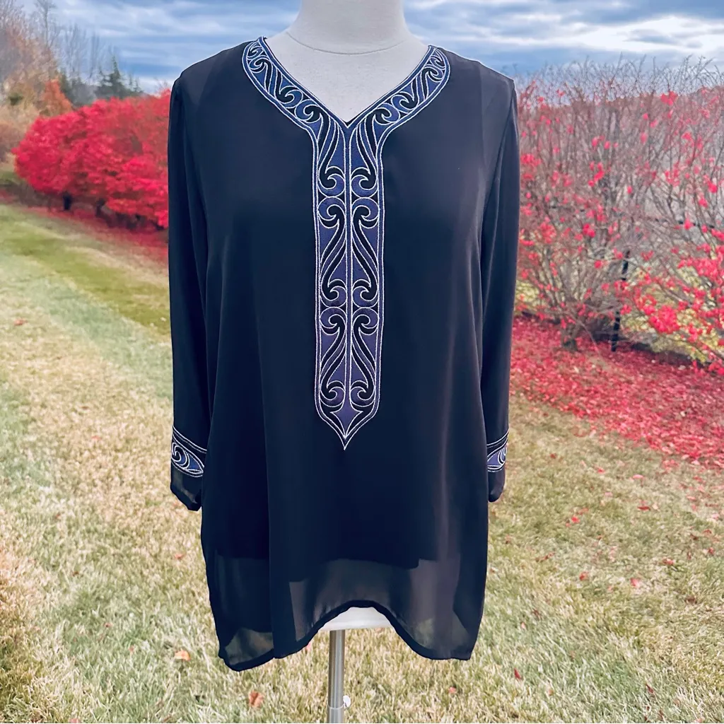 Bob Mackie Black Tunic with Blue Embroidery - Image 2